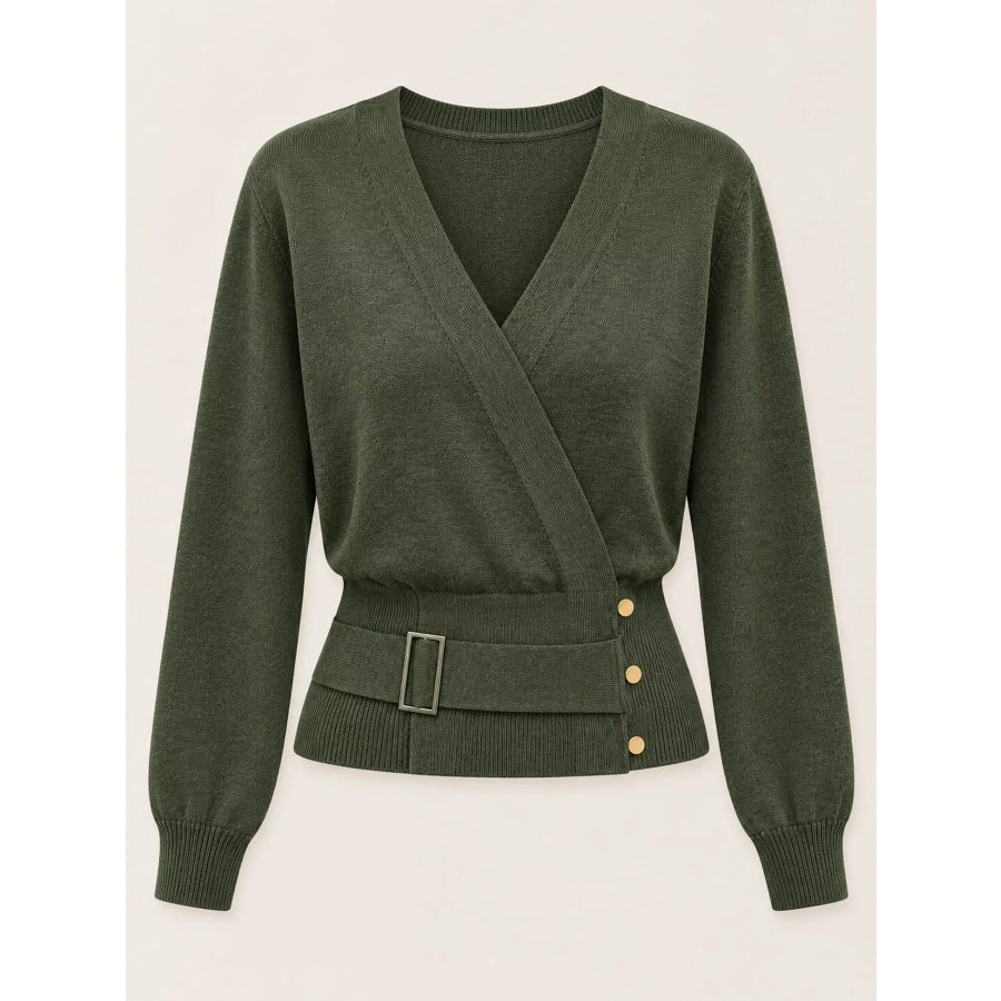 Surplice Elastic Waist Long Sleeve Knit Top Apparel and Accessories
