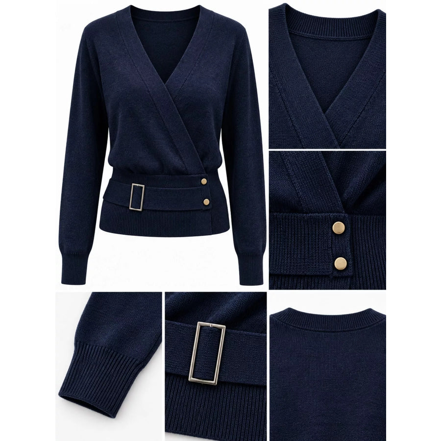 Surplice Elastic Waist Long Sleeve Knit Top Apparel and Accessories