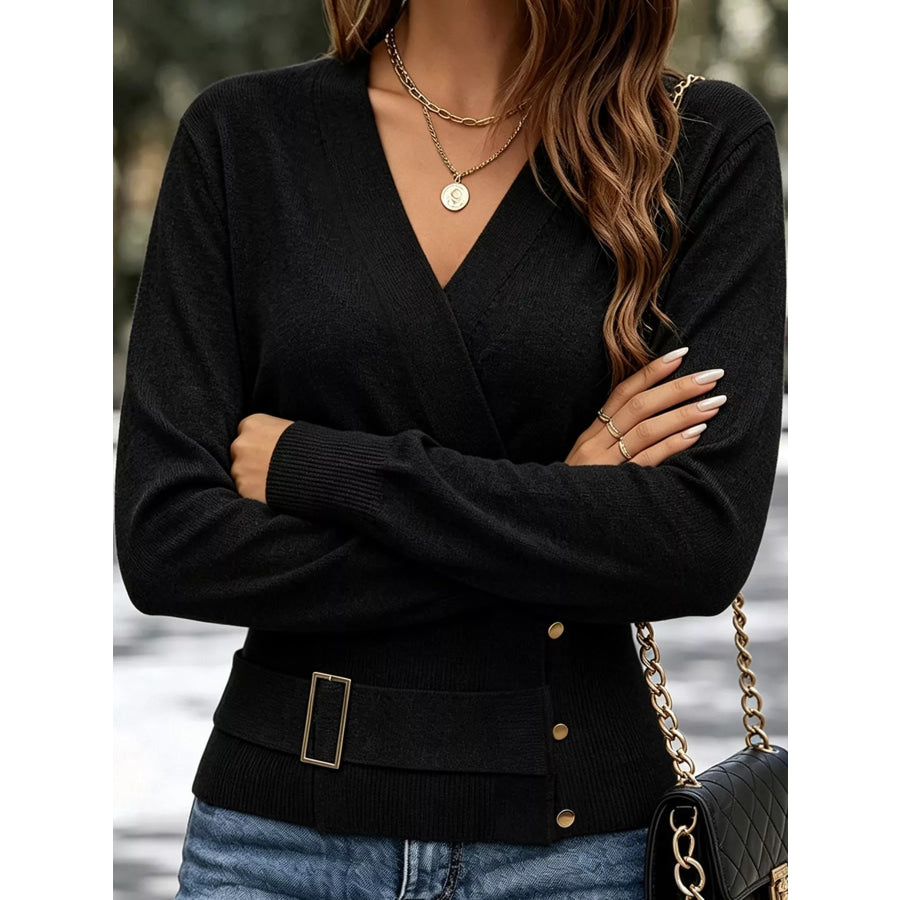 Surplice Elastic Waist Long Sleeve Knit Top Black / S Apparel and Accessories