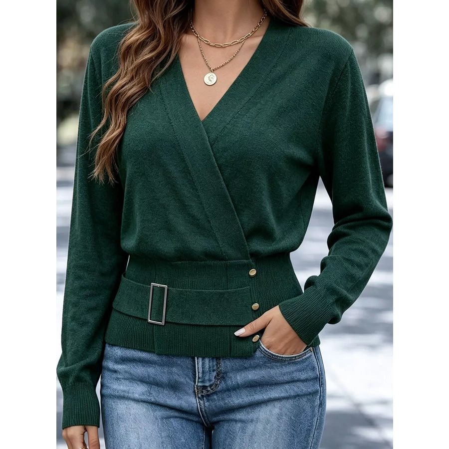 Surplice Elastic Waist Long Sleeve Knit Top Dark Green / S Apparel and Accessories