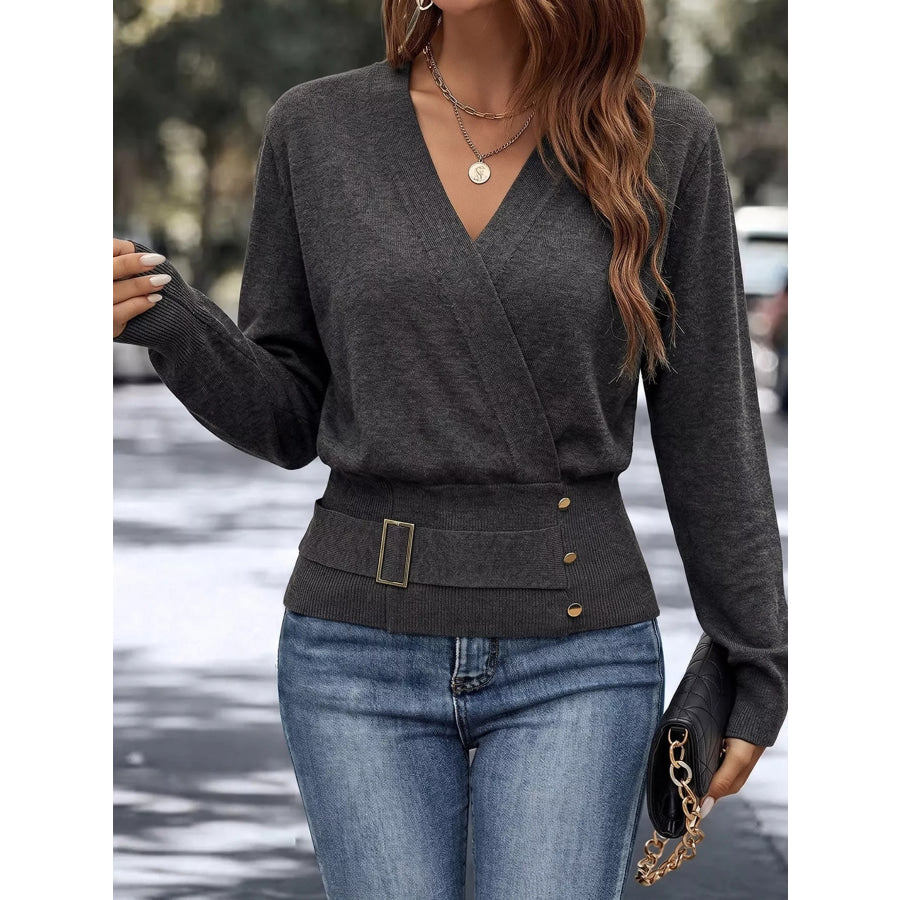 Surplice Elastic Waist Long Sleeve Knit Top Gray / S Apparel and Accessories