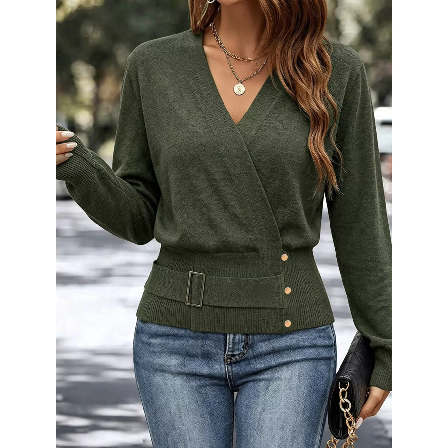 Surplice Elastic Waist Long Sleeve Knit Top Medium Army Green / S Apparel and Accessories