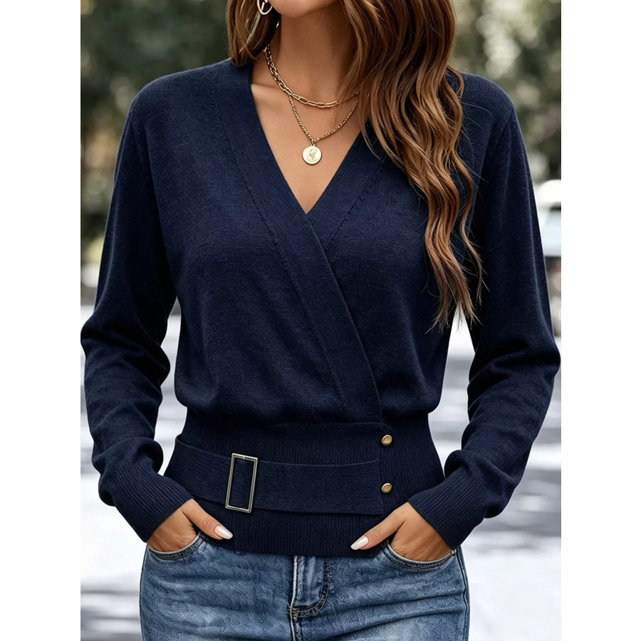 Surplice Elastic Waist Long Sleeve Knit Top Navy / S Apparel and Accessories