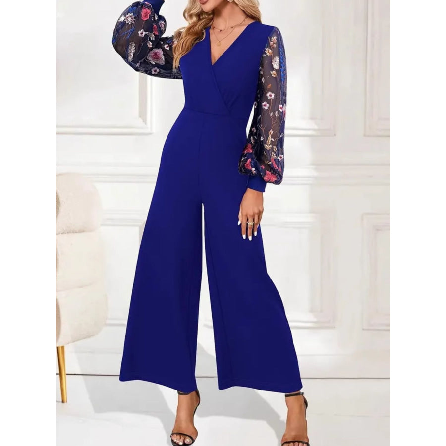 Surplice Embroidered Long Sleeve Wide Leg Jumpsuit Apparel and Accessories