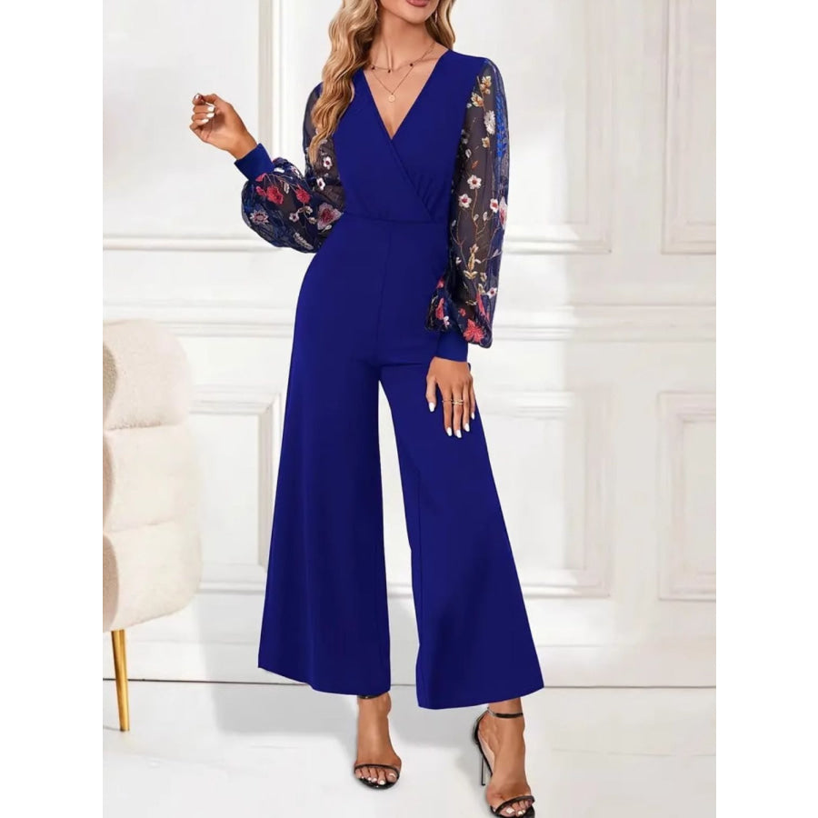 Surplice Embroidered Long Sleeve Wide Leg Jumpsuit Apparel and Accessories