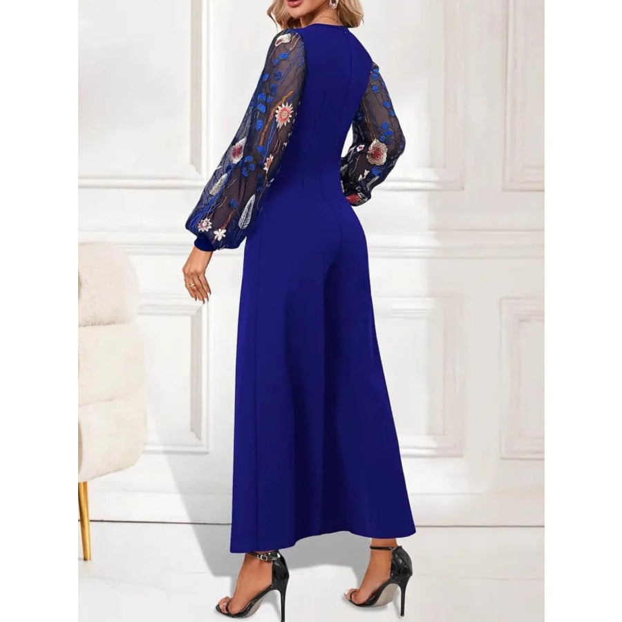 Surplice Embroidered Long Sleeve Wide Leg Jumpsuit Dark Blue / S Apparel and Accessories