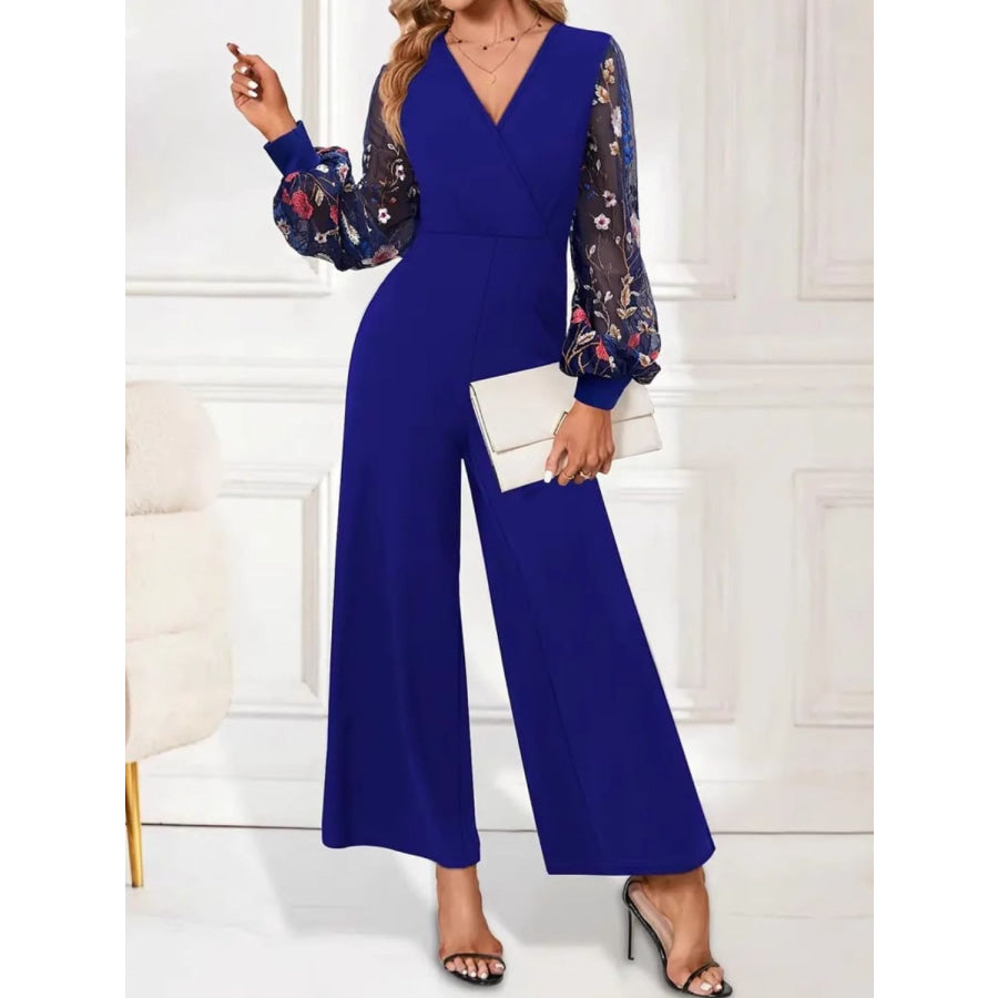 Surplice Embroidered Long Sleeve Wide Leg Jumpsuit Dark Blue / S Apparel and Accessories