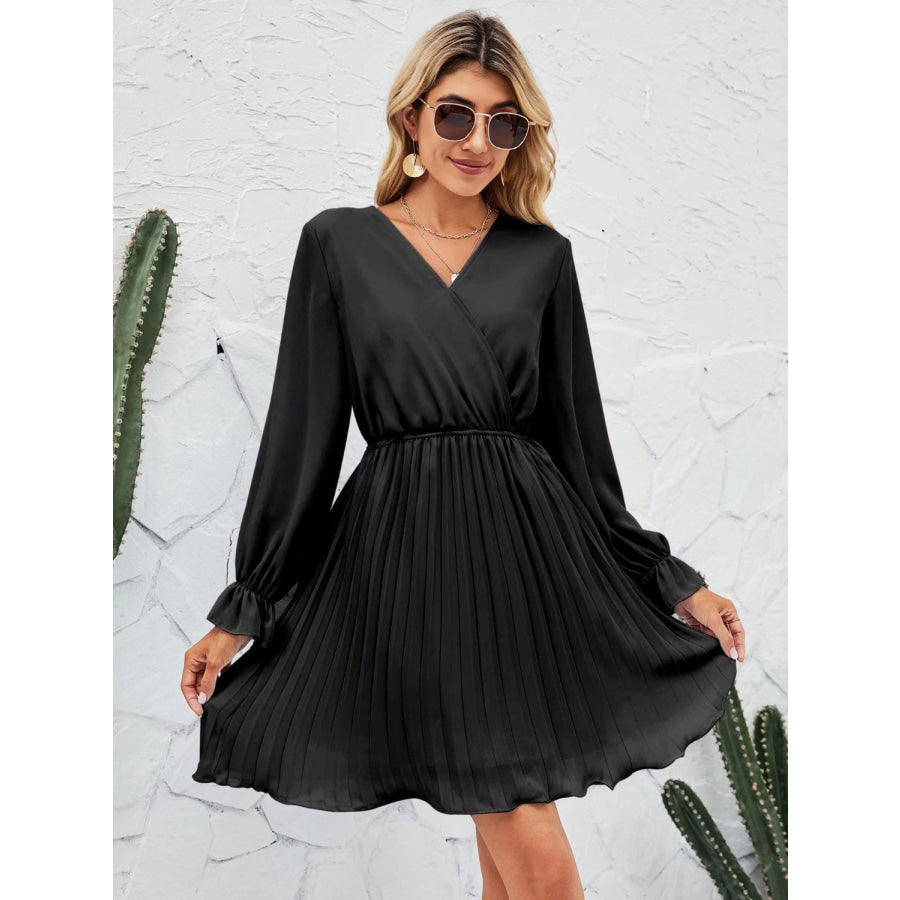 Surplice Flounce Sleeve Pleated Mini Dress Black / S Apparel and Accessories