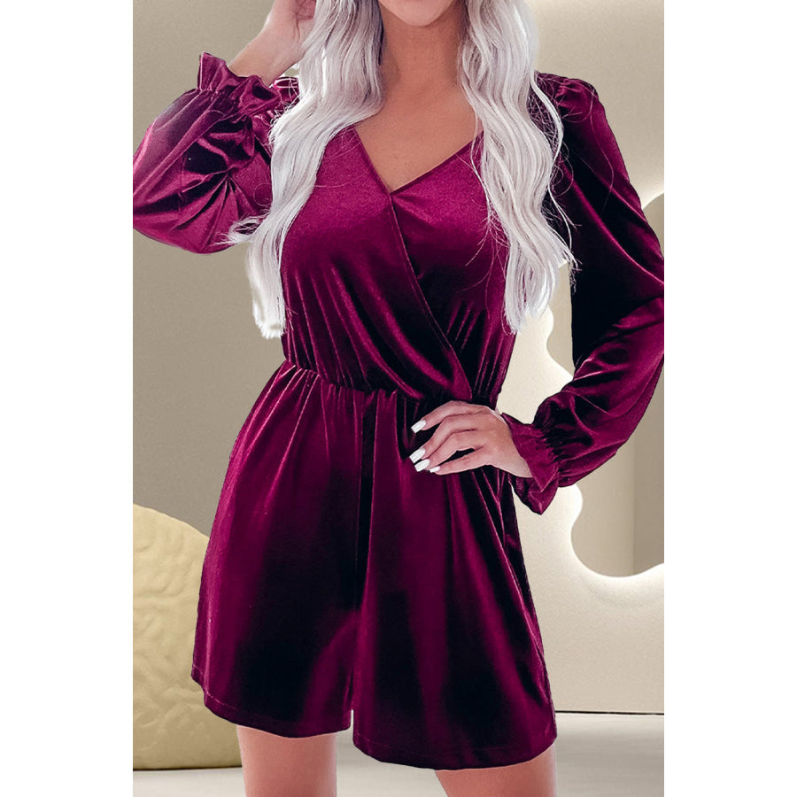 Surplice Flounce Sleeve Romper Burgundy / S Apparel and Accessories