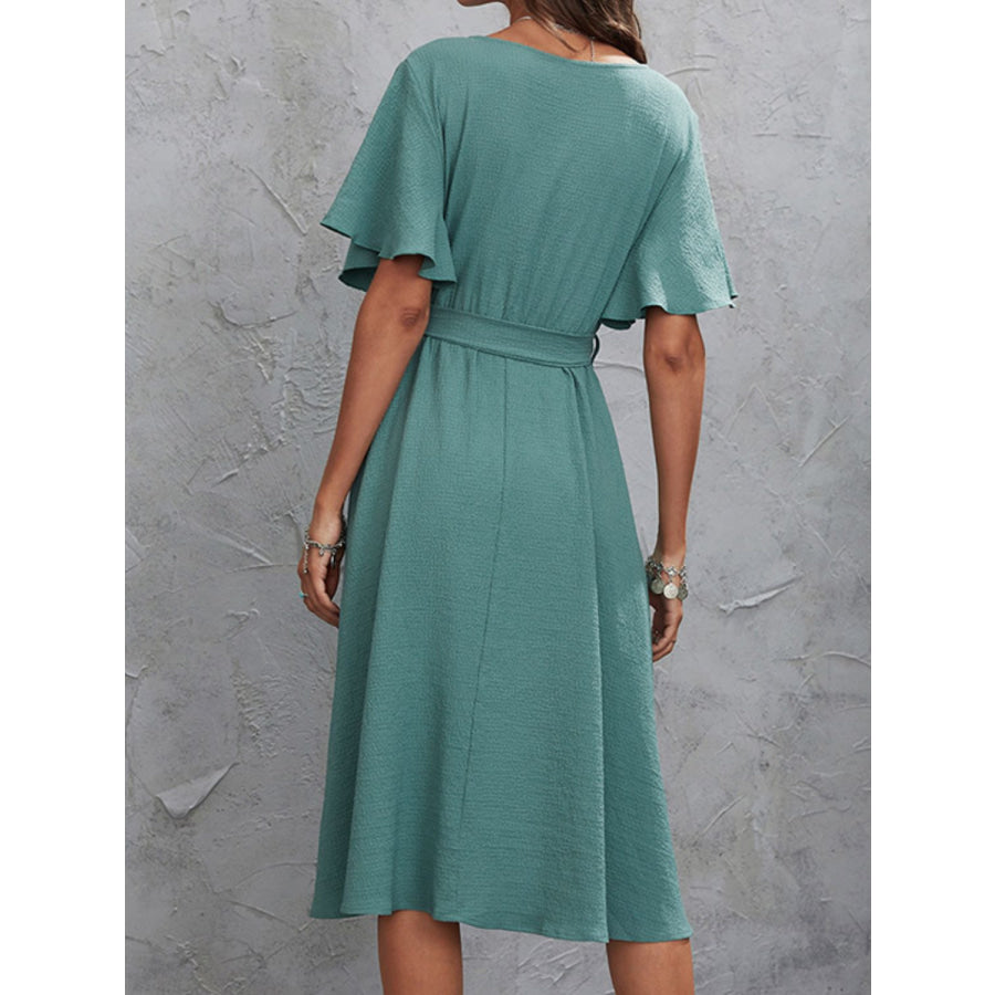 Surplice Flutter Sleeve Midi Dress Turquoise / XS Apparel and Accessories