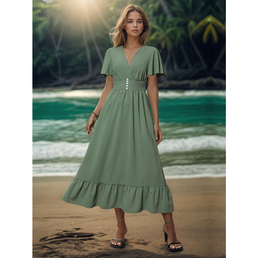 Surplice Flutter Sleeve Midi Dress Sage / S Apparel and Accessories