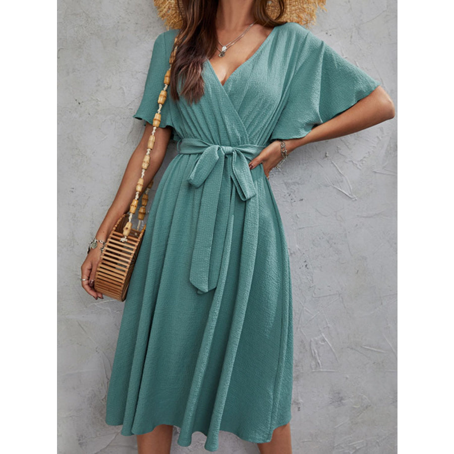 Surplice Flutter Sleeve Midi Dress Turquoise / XS Apparel and Accessories