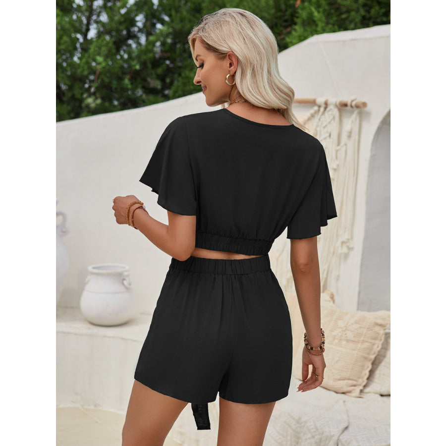 Surplice Flutter Sleeve Top and Tied Shorts Set Apparel Accessories