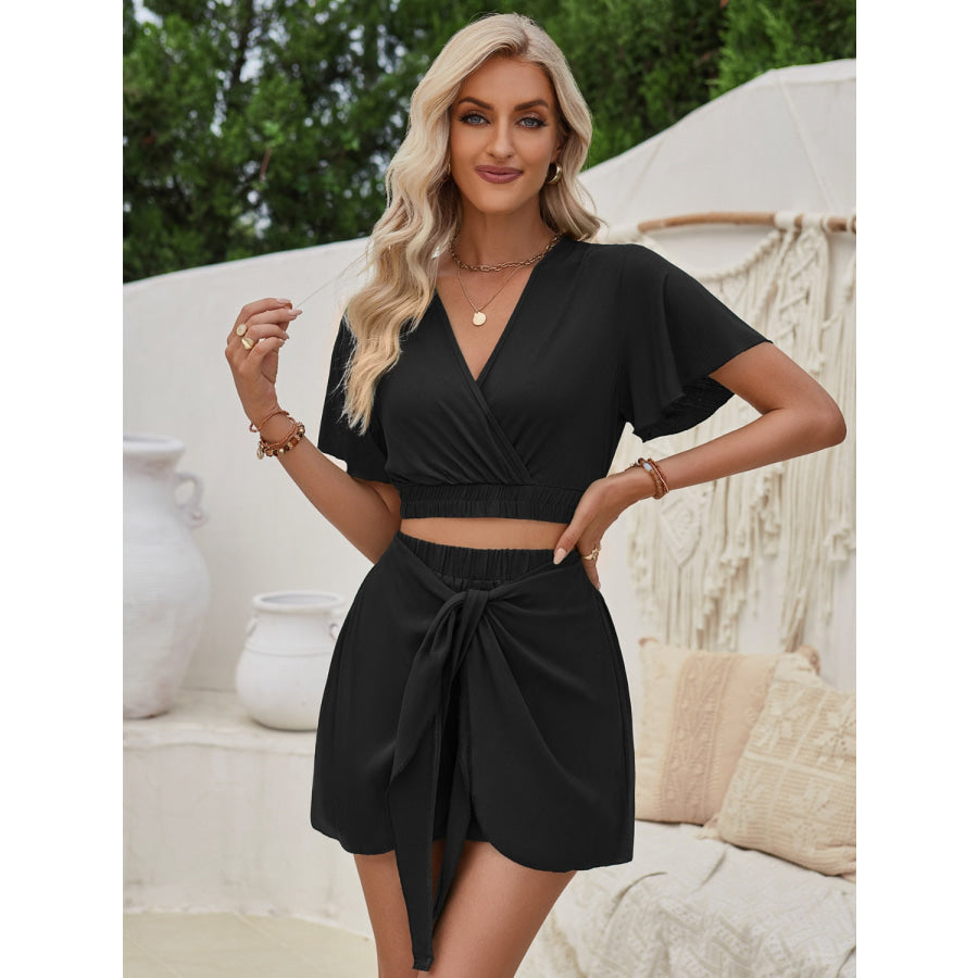 Surplice Flutter Sleeve Top and Tied Shorts Set Apparel Accessories