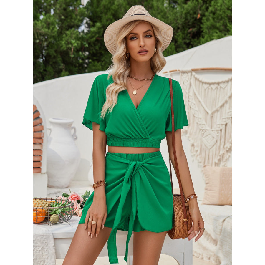 Surplice Flutter Sleeve Top and Tied Shorts Set Apparel Accessories