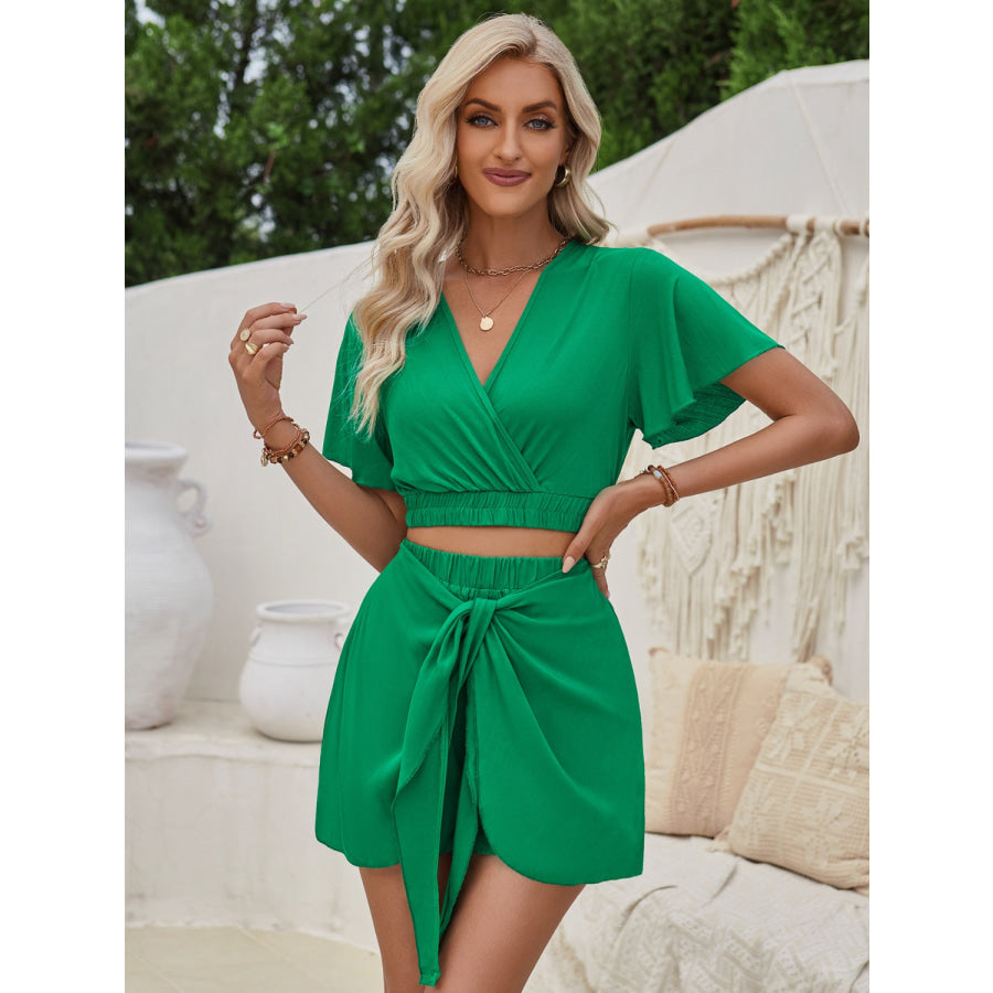 Surplice Flutter Sleeve Top and Tied Shorts Set Mid Green / S Apparel Accessories