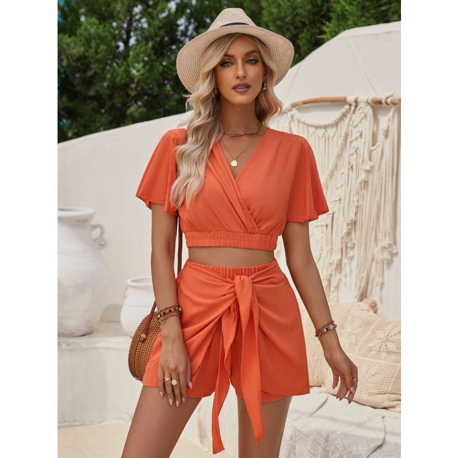 Surplice Flutter Sleeve Top and Tied Shorts Set Red Orange / S Apparel Accessories