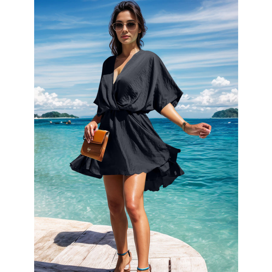Surplice Half Sleeve Mini Dress Black / S Apparel and Accessories