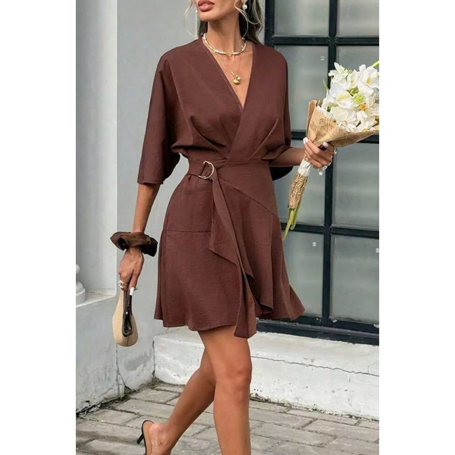 Surplice Half Sleeve Mini Dress Burgundy / S Apparel and Accessories
