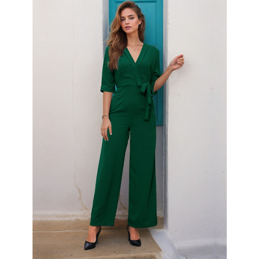 Surplice Half Sleeve Wide Leg Jumpsuit Apparel and Accessories