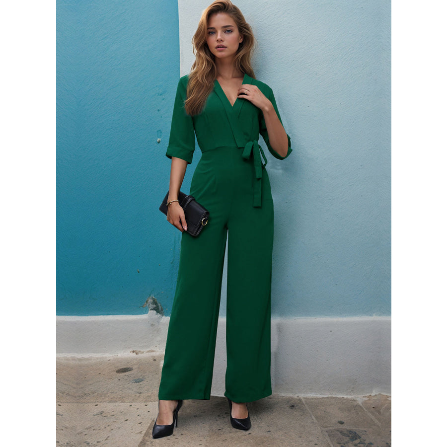 Surplice Half Sleeve Wide Leg Jumpsuit Apparel and Accessories