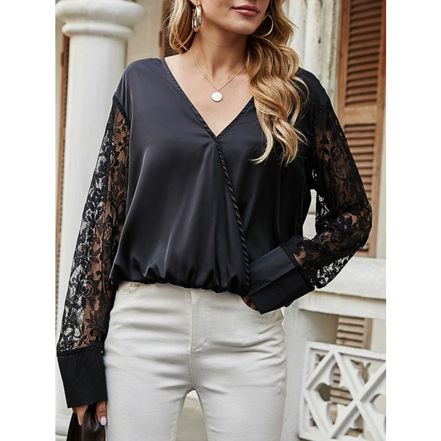 Surplice Lace Long Sleeve Blouse Apparel and Accessories