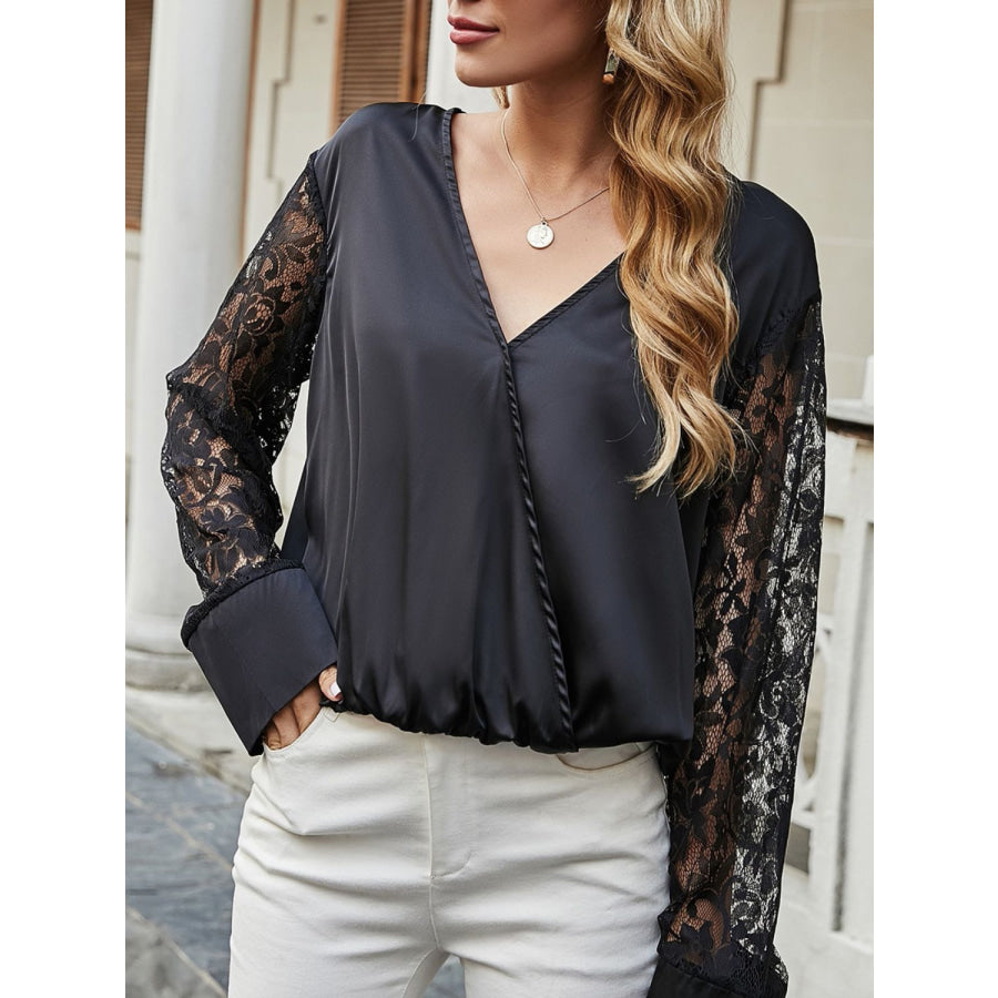 Surplice Lace Long Sleeve Blouse Apparel and Accessories