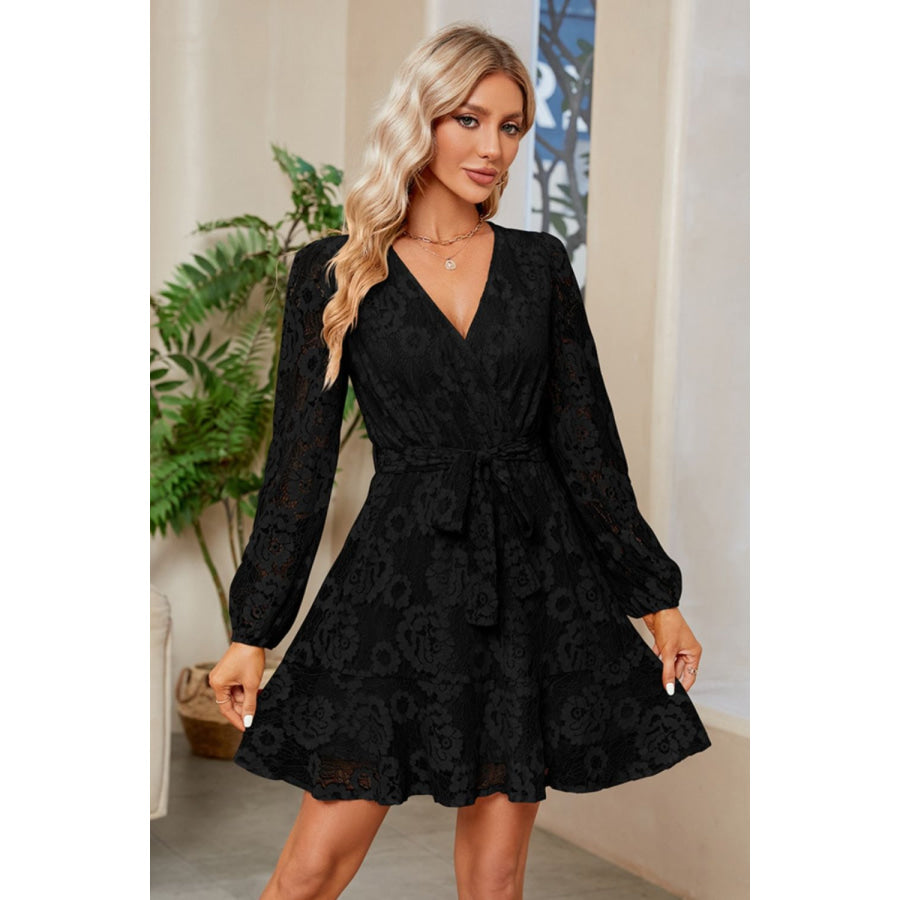 Surplice Lace Long Sleeve Mini Dress Black / S Apparel and Accessories