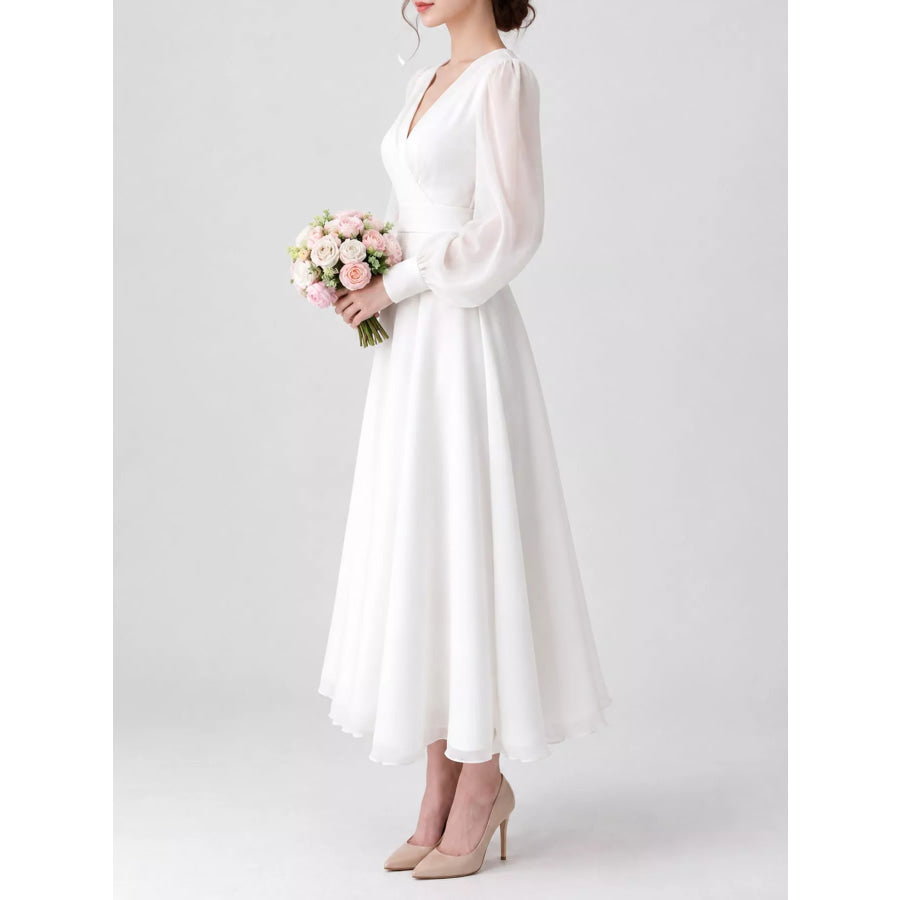 Surplice Lantern Sleeve Midi Dress Apparel and Accessories