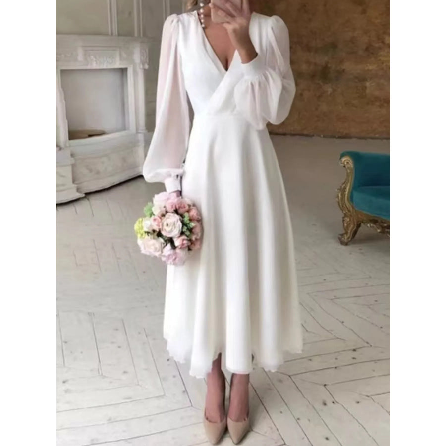Surplice Lantern Sleeve Midi Dress White / XS Apparel and Accessories