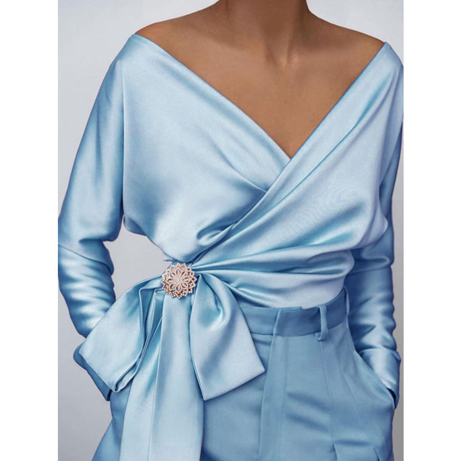 Surplice Long Sleeve Blouse Light Blue / S Apparel and Accessories