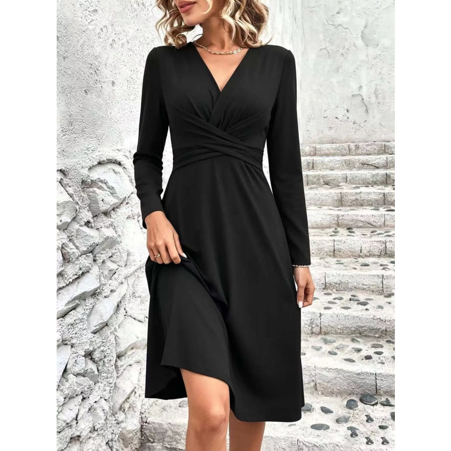 Surplice Long Sleeve Midi Dress Black / S Apparel and Accessories