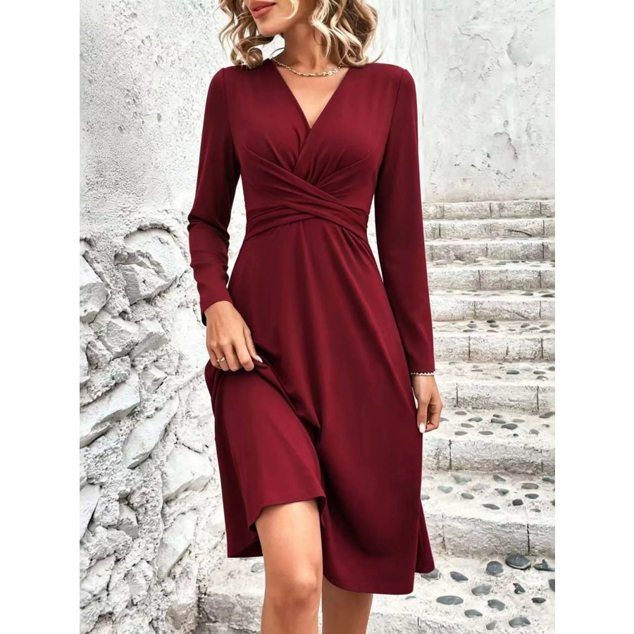 Surplice Long Sleeve Midi Dress Burgundy / S Apparel and Accessories