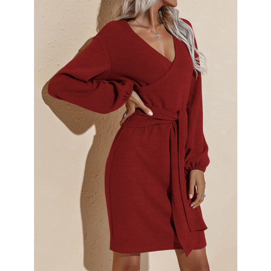 Surplice Long Sleeve Mini Dress Dark Brown / S Apparel and Accessories