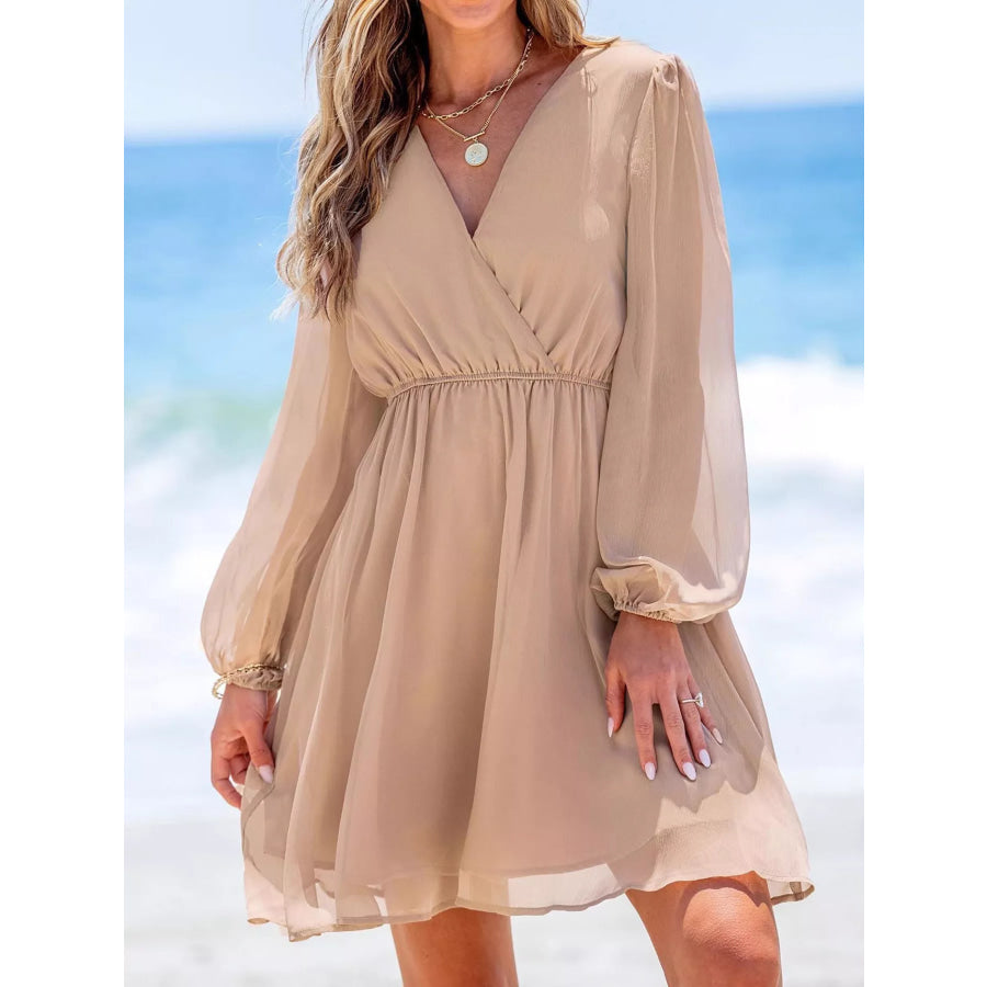 Surplice Long Sleeve Mini Dress Tan / S Apparel and Accessories