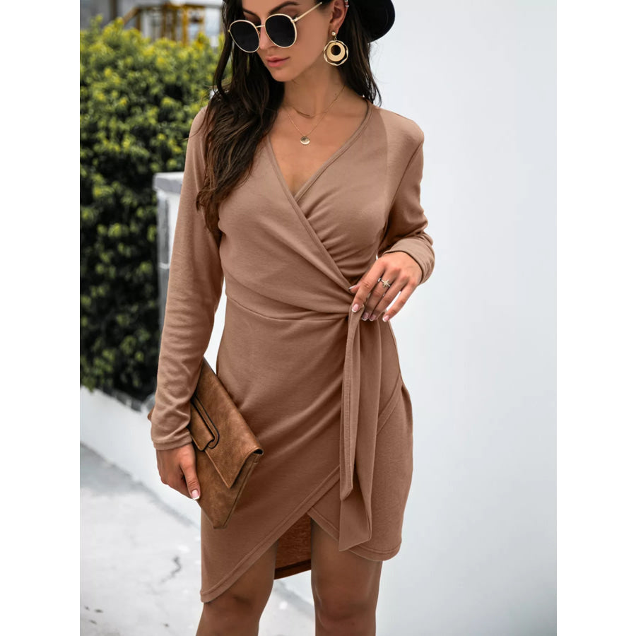 Surplice Long Sleeve Side Tie Dress Apparel and Accessories