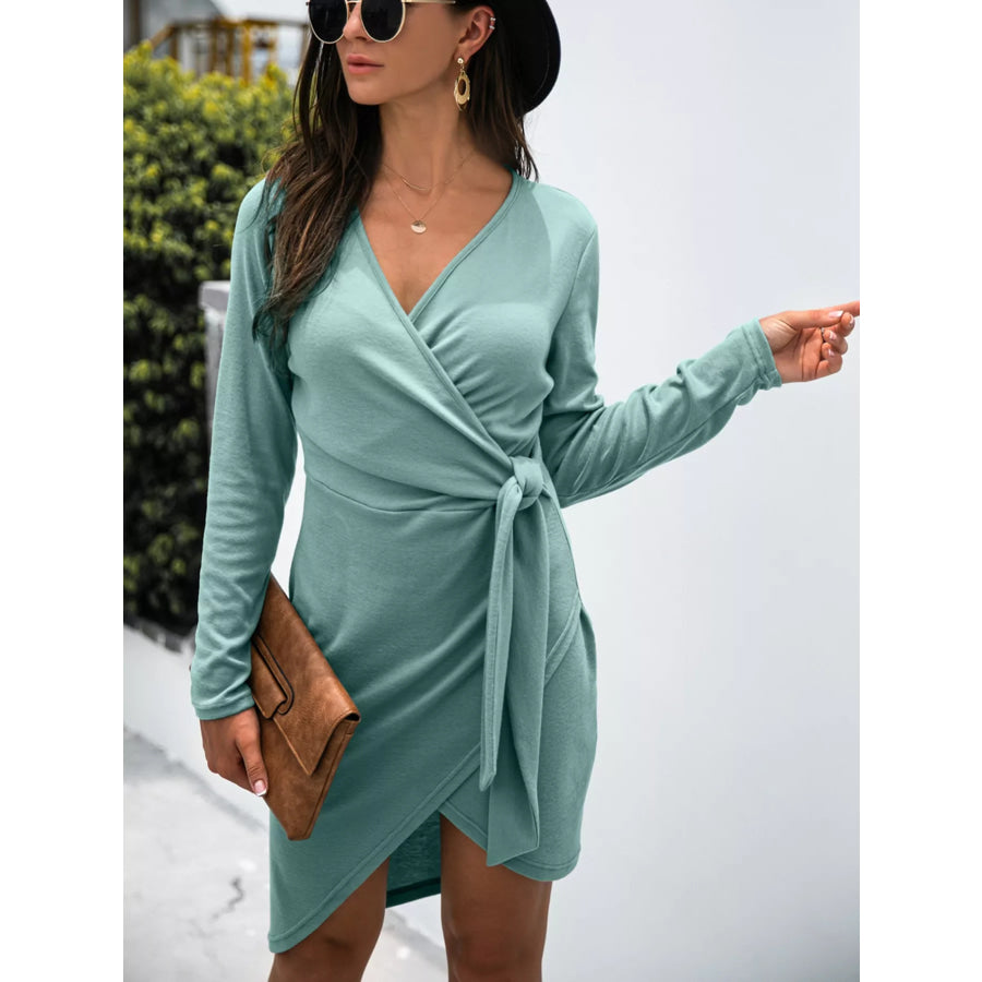Surplice Long Sleeve Side Tie Dress Apparel and Accessories