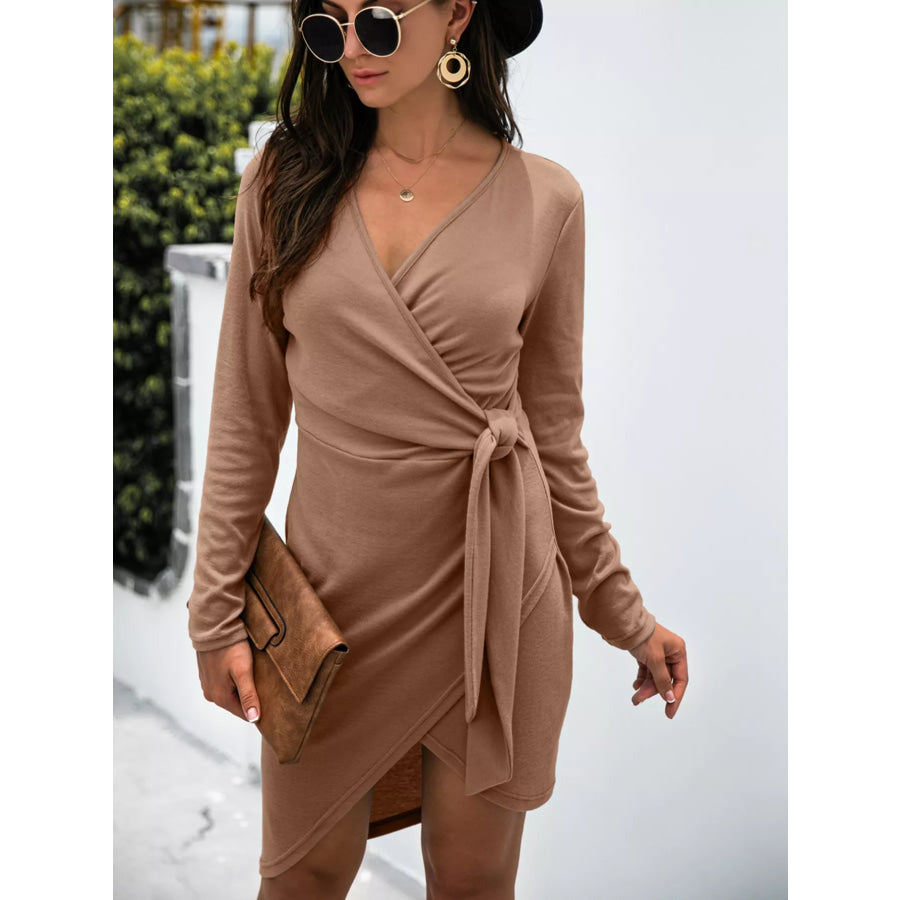 Surplice Long Sleeve Side Tie Dress Taupe / S Apparel and Accessories