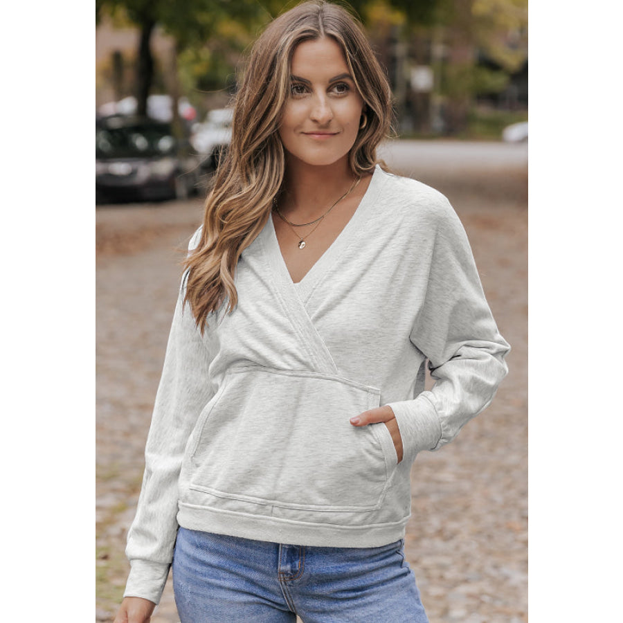 Surplice Long Sleeve Sweatshirt with Pocket Apparel and Accessories