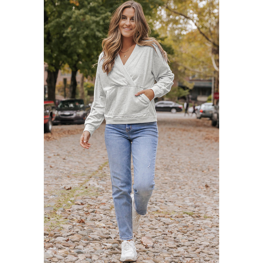 Surplice Long Sleeve Sweatshirt with Pocket Apparel and Accessories