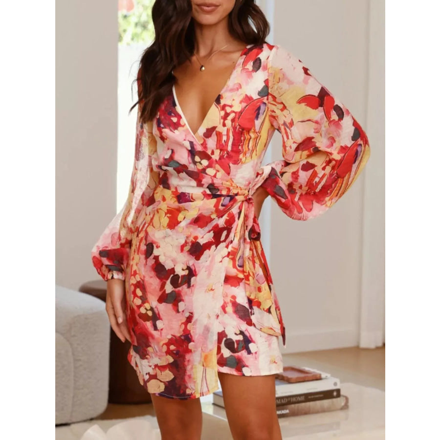 Surplice Long Sleeve Tie Waist Dress Orange Red / S Apparel and Accessories