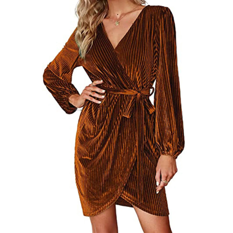 Surplice Long Sleeve Tie Waist Dress Caramel / S Apparel and Accessories