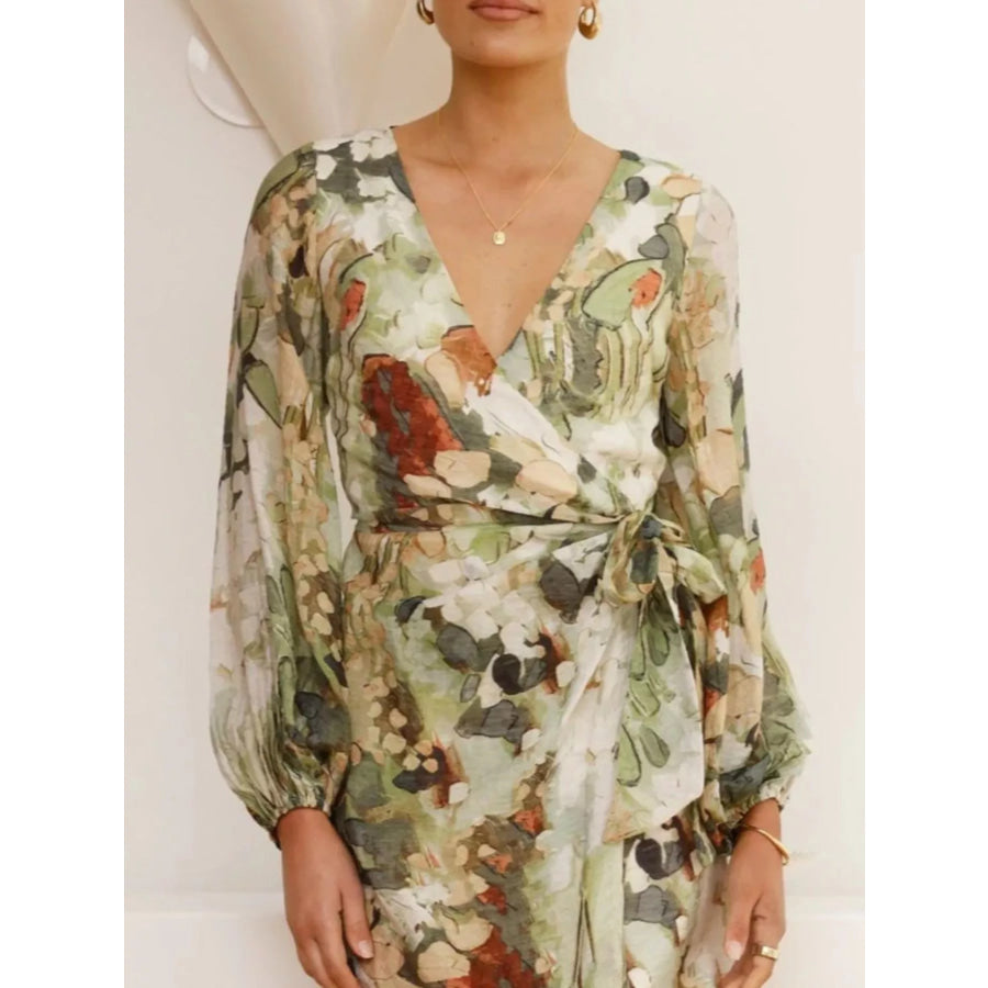 Surplice Long Sleeve Tie Waist Dress Green / S Apparel and Accessories