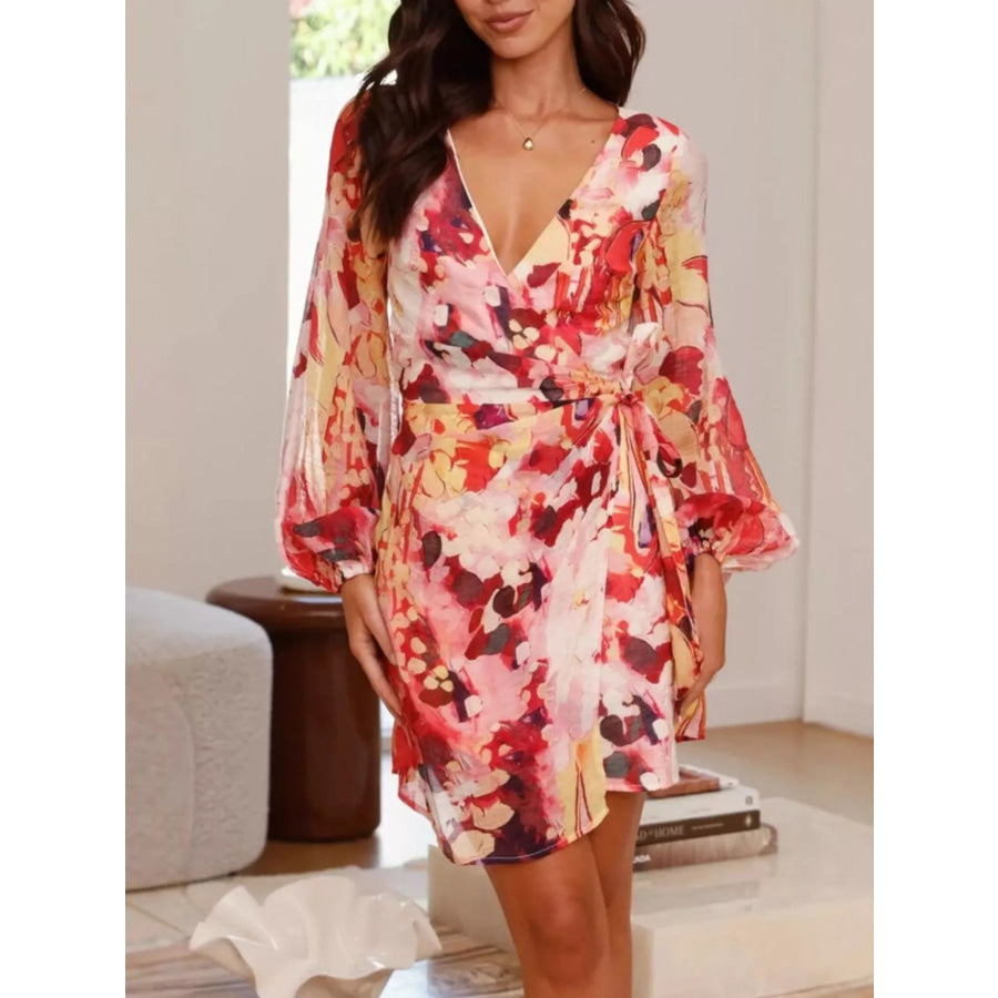 Surplice Long Sleeve Tie Waist Dress Orange Red / S Apparel and Accessories