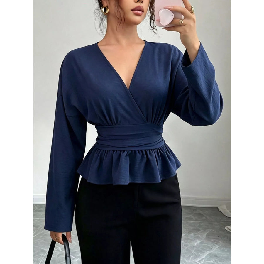 Surplice Long Sleeve Wrap Blouse Dark Blue / S Apparel and Accessories