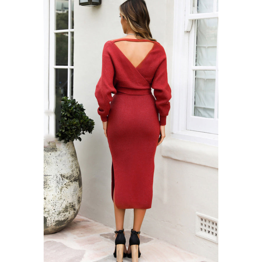 Surplice Neck Bow Waist Slit Sweater Dress Apparel and Accessories