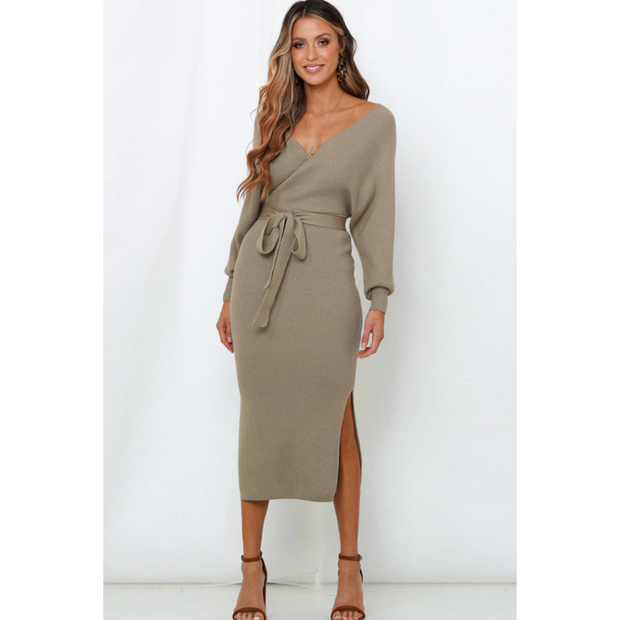 Surplice Neck Bow Waist Slit Sweater Dress Apparel and Accessories