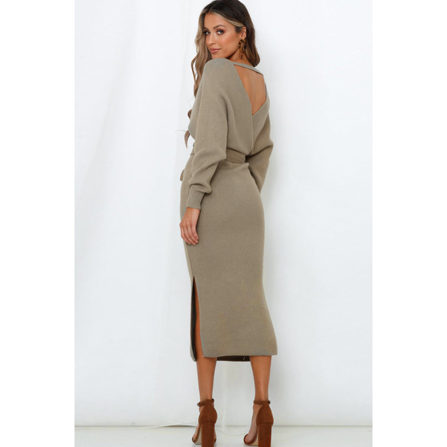 Surplice Neck Bow Waist Slit Sweater Dress Apparel and Accessories