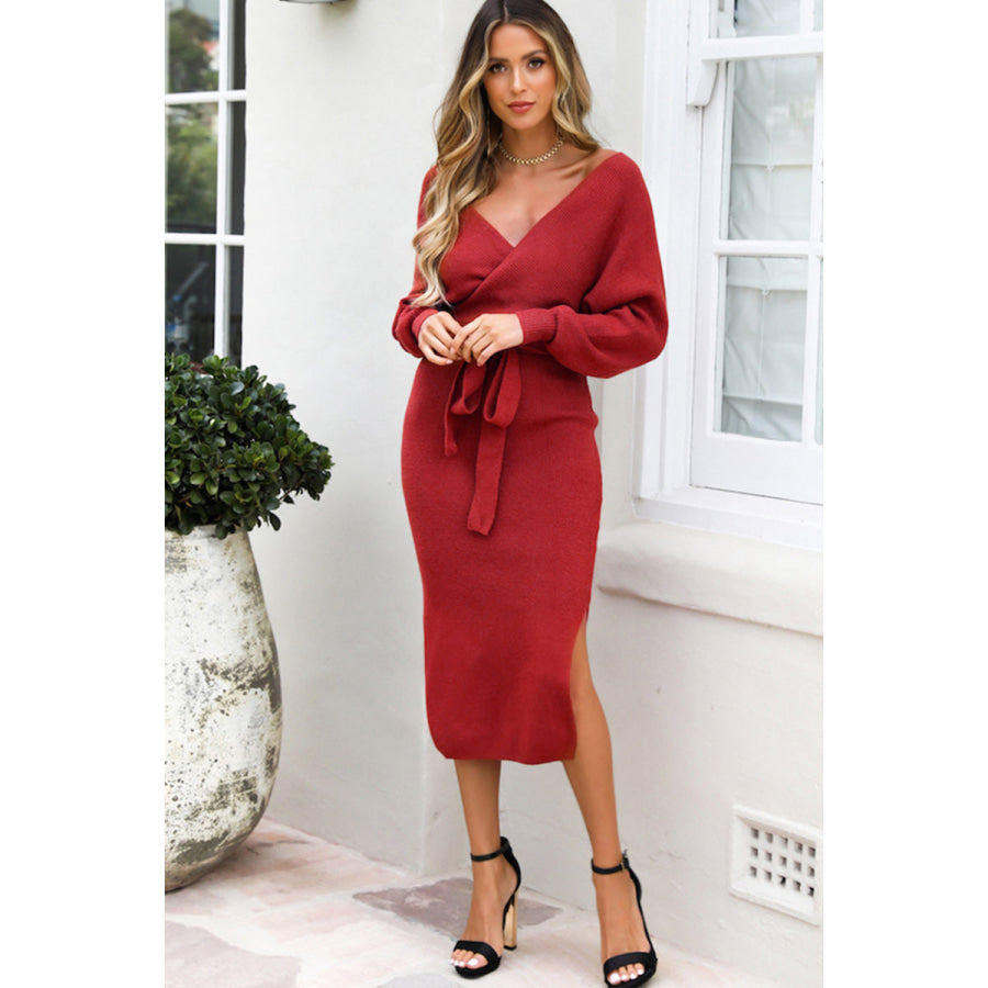 Surplice Neck Bow Waist Slit Sweater Dress Deep Red / S/M Apparel and Accessories