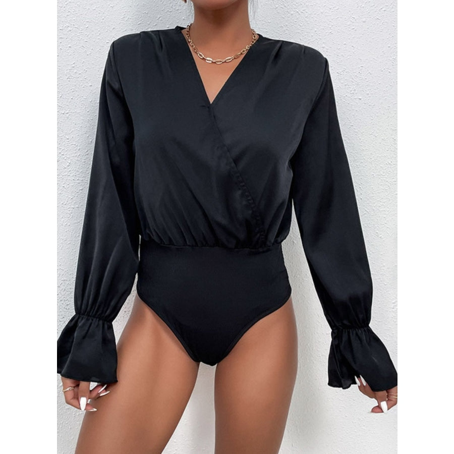 Surplice Neck Flounce Sleeve Bodysuit Black / S